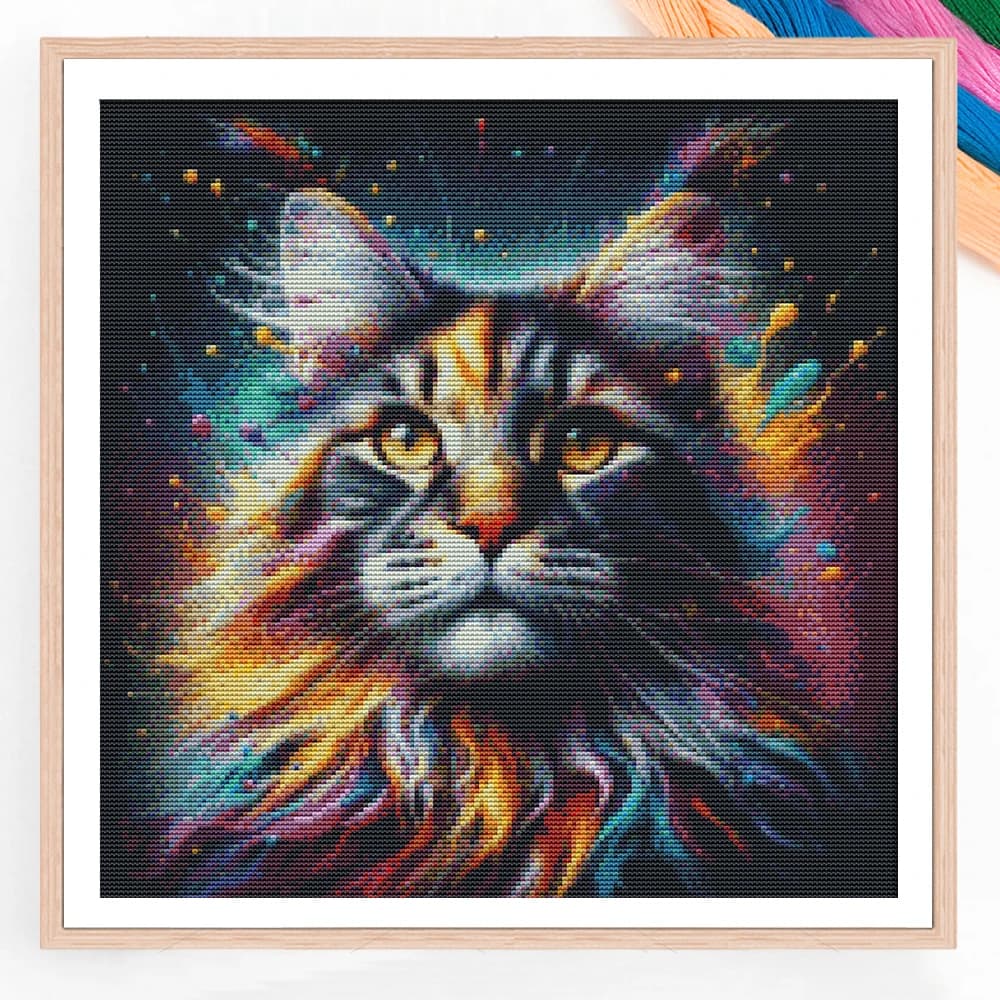 Kit Ricamo Punto Croce Gatto Colorato su Tela Stampata 11CT con Filo e Ago, Regalo Fai da Te per Decorazione Casa