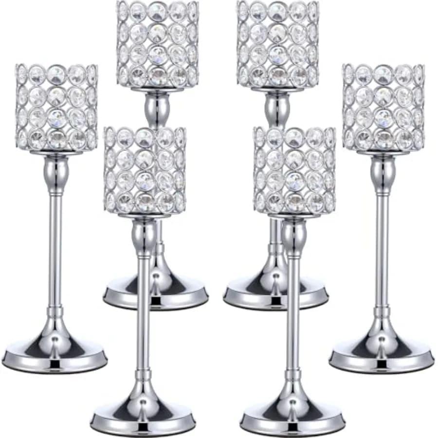 Set di 6 Portacandele in Cristallo, Candelabri Alti per Matrimoni, Centrotavola per Tavoli da Pranzo, Caminetti e Soggiorni