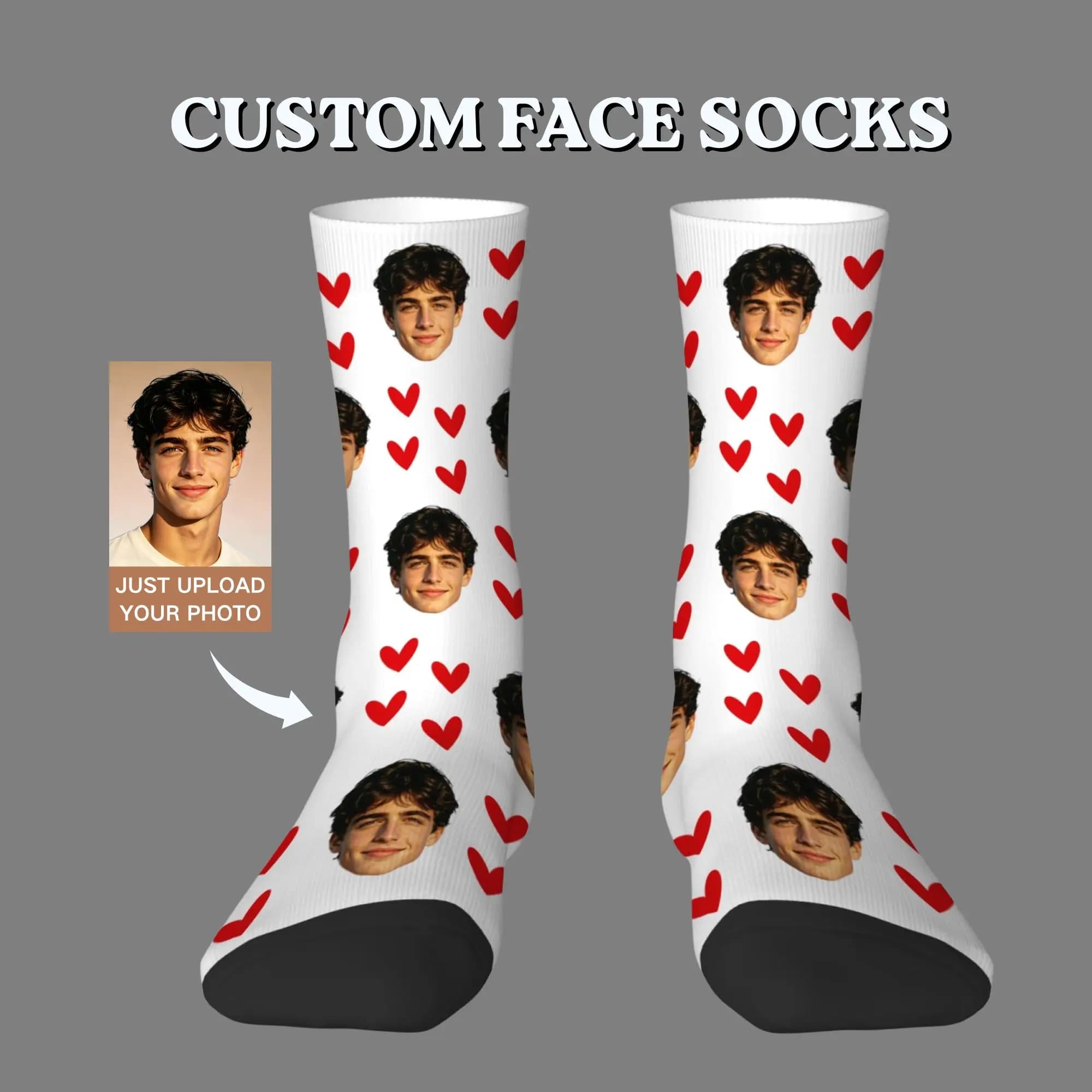 Custom Photo Socks Personalized Romantic Red Heart Print Soft Comfortable Socks DIY Anniversary Gift for Him Her Sweet Love