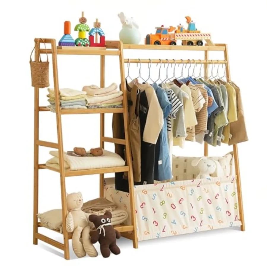 Clothing Rack- Toddler Dress Up Rack with 5-Tier Open Shelves and Storage Bag, Baby Clothes Rack Small, FSC-Certified Bamboo Ga