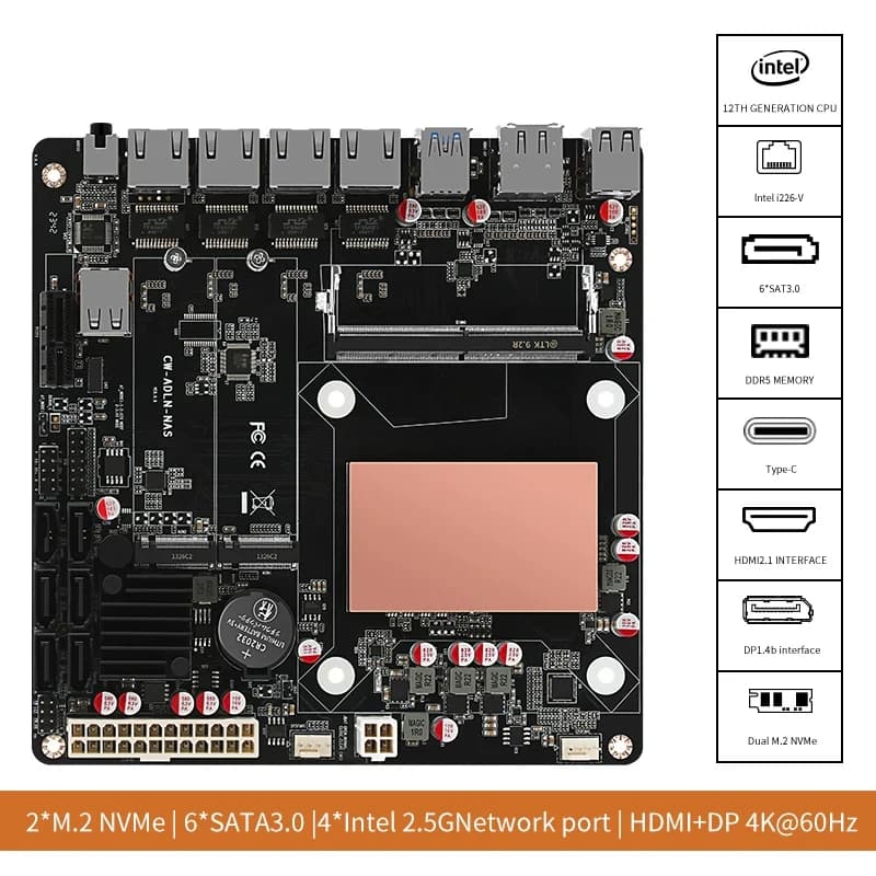 Scheda madre NAS N150 DDR5 6 * SATA 3.0 4 * Intel I226 2.5G Mini ITX Scheda NAS 2 * M.2 con PCIE per router morbido NAS fai da te 17x17CM