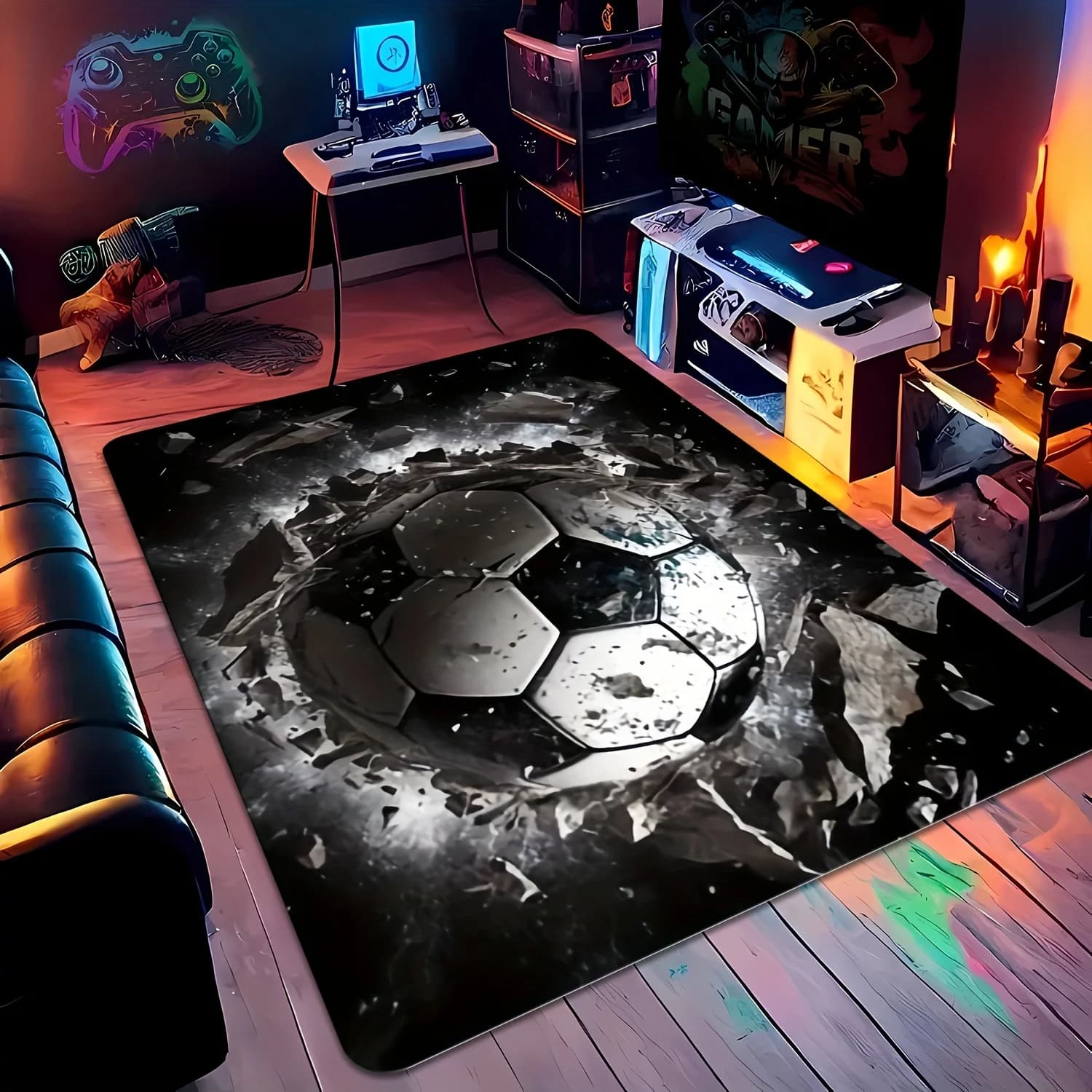 1pcs, 2D Flat 3D Broken Ground Soccer Ball Effect Flannel Gaming Rug Non Slip Sports Carpet For Kids Room Game Room Decor