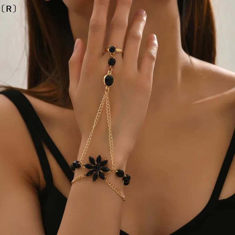 Bracciale con Anello a Fiore in Zircone Nero di Lusso Leggero, Braccialetto a Catena con Fiori Rossi e Verdi per Donna, Gioielli da Festa