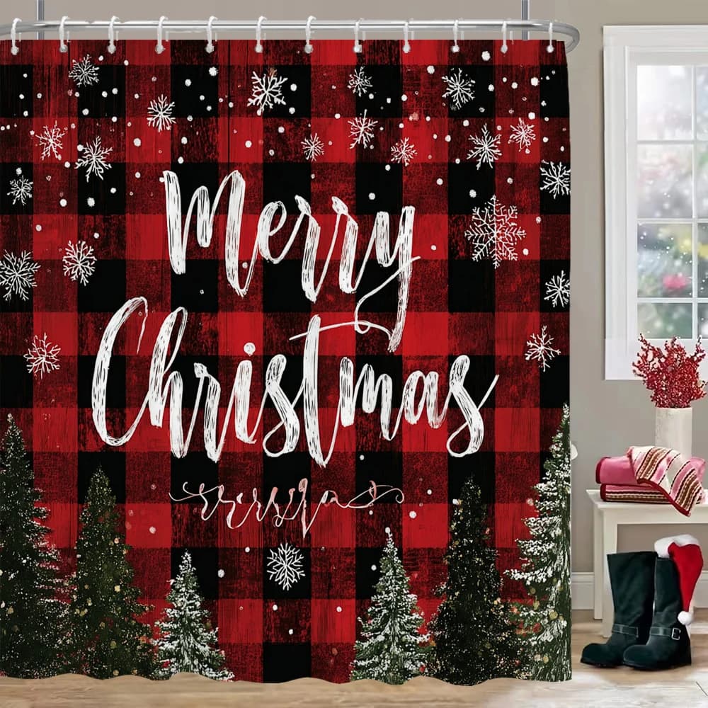 Merry Christmas Shower Curtain, Bathroom Decor Christmas snowflake Shower Curtain, home decoration Christmas Curtain with Hooks
