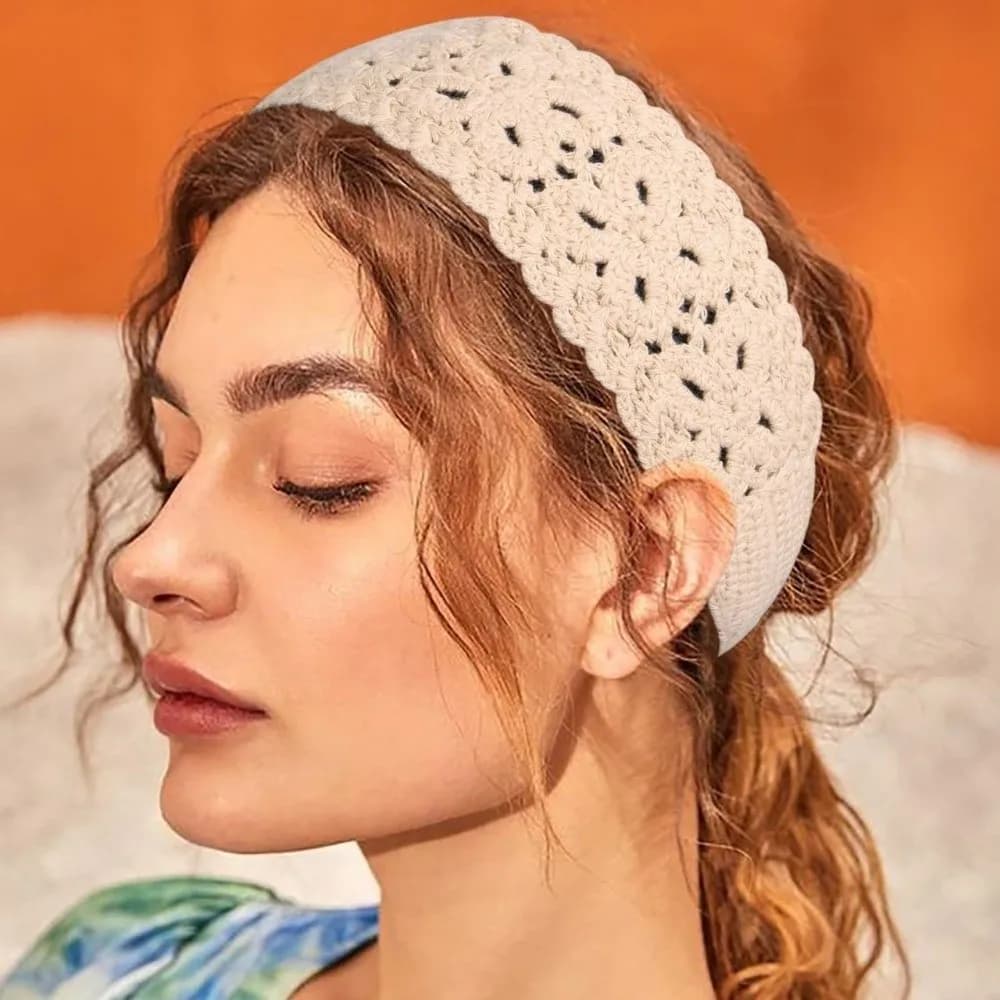 Boho Floral Headband Handmade Crochet Knit Hair Band Solid Color Hollow Out Hair Scarf