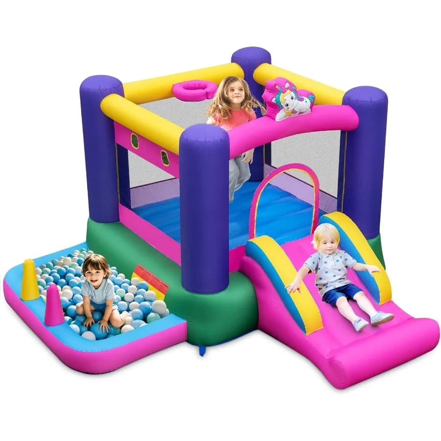 Castello Gonfiabile 6 in 1 con Scivolo, Canestro da Basket, Piscina di Palline, Gioco di Lancio degli Anelli e Gioco di Lancio della Palla per Interni/Esterni