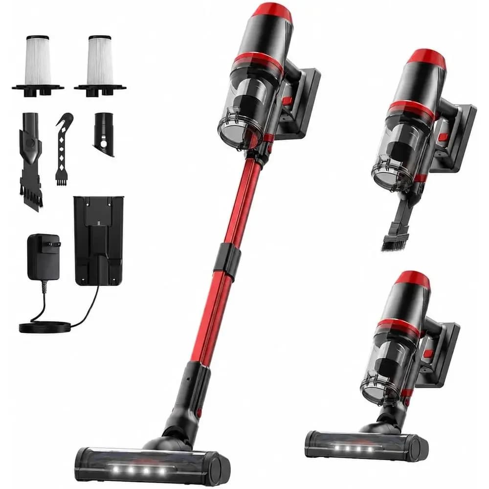 Powerful LED Light Anti-Brush Vacuum Cleaner, Lightweight for Hardwood and Carpet Pet Hair (Red)