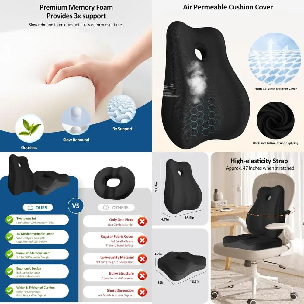 Cuscino in Memory Foam per il Coccige, Supporto Lombare Ergonomico, Cuscino per Sedia da Ufficio per Alleviare il Dolore Sciatico e alla Schiena, Nero