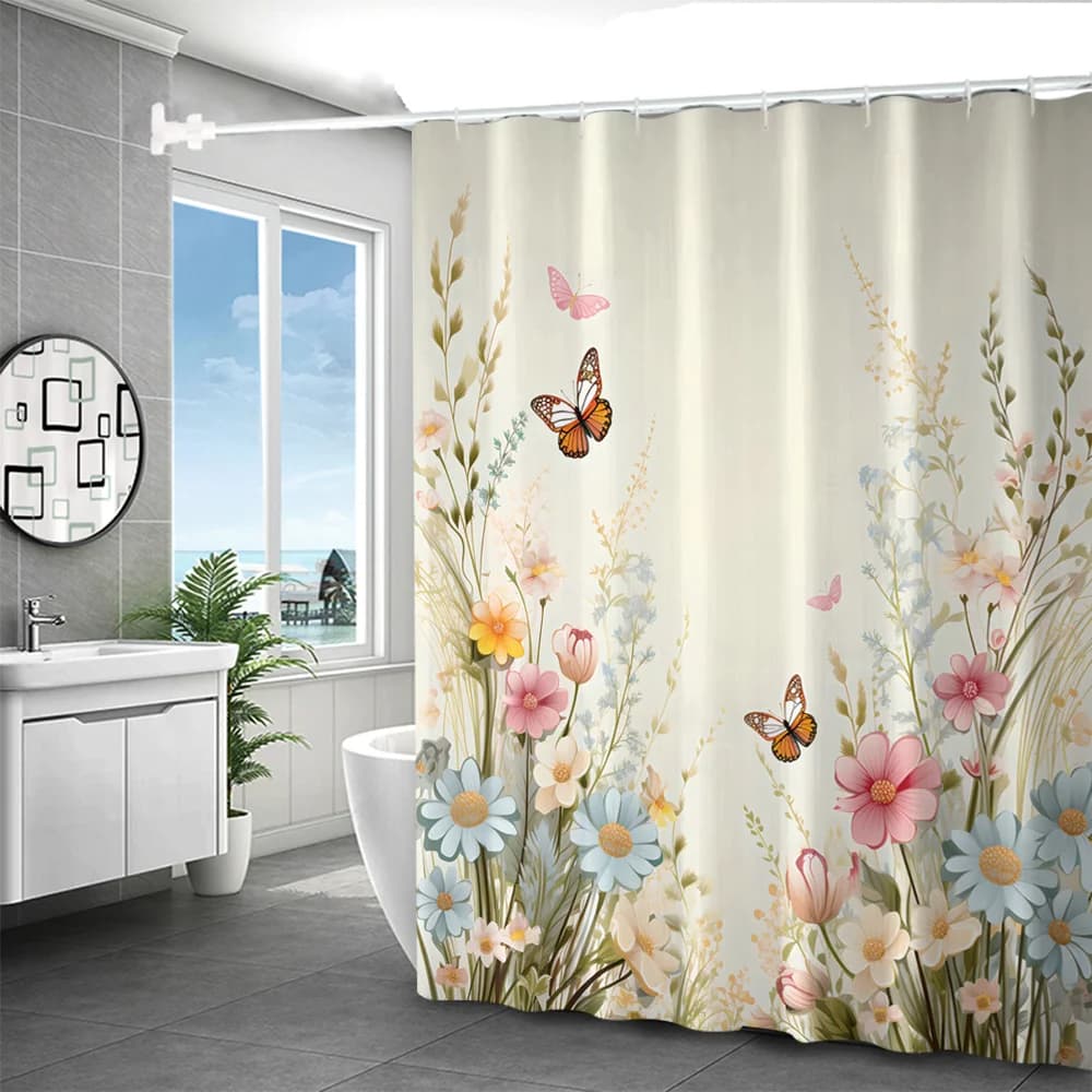 Tenda da doccia in poliestere con stampa floreale a farfalla: senza trapano necessario, lavabile in lavatrice, decorazione artistica per il bagno