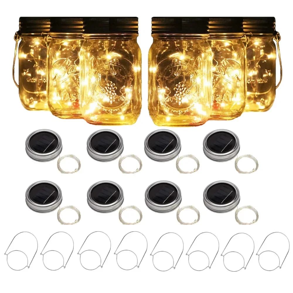 Luci solari per barattoli di vetro con 8 maniglie 10 luci a stringa a LED Luci solari leggiadramente Coperchi Decorazione per barattoli Decorazioni natalizie per feste in giardino