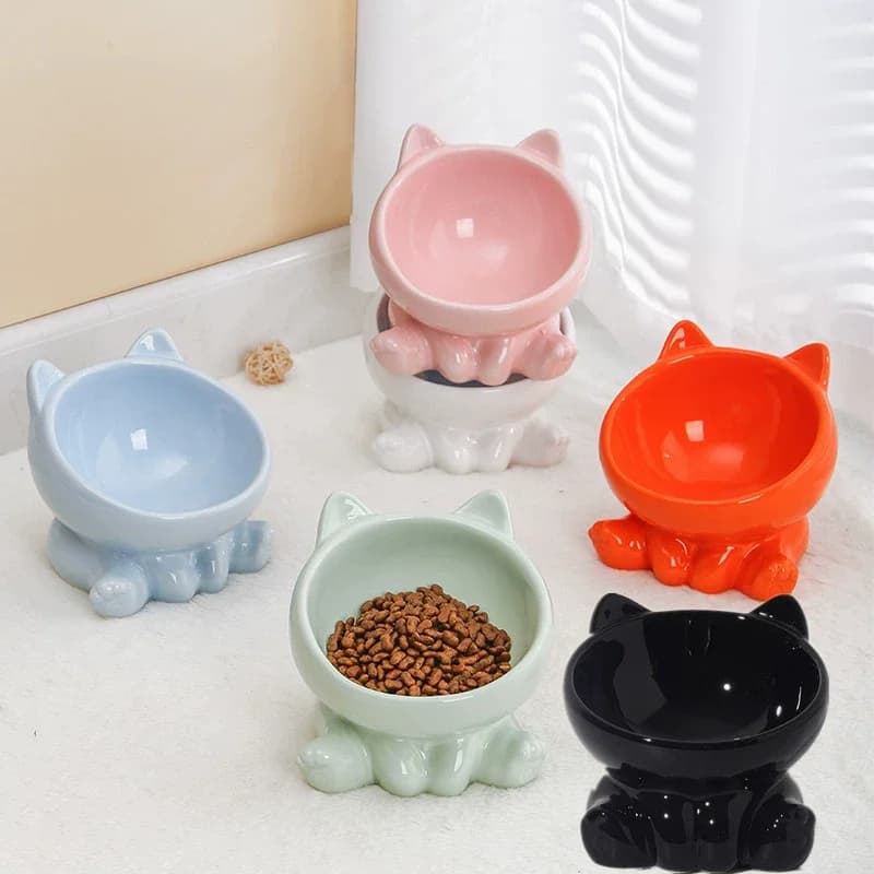 Cute Ceramic Cat Bowl with High Feet Dog Food & Water Bowl Pet Supplies Cervical Spine Protection Diagonal Design Pet Accessorie