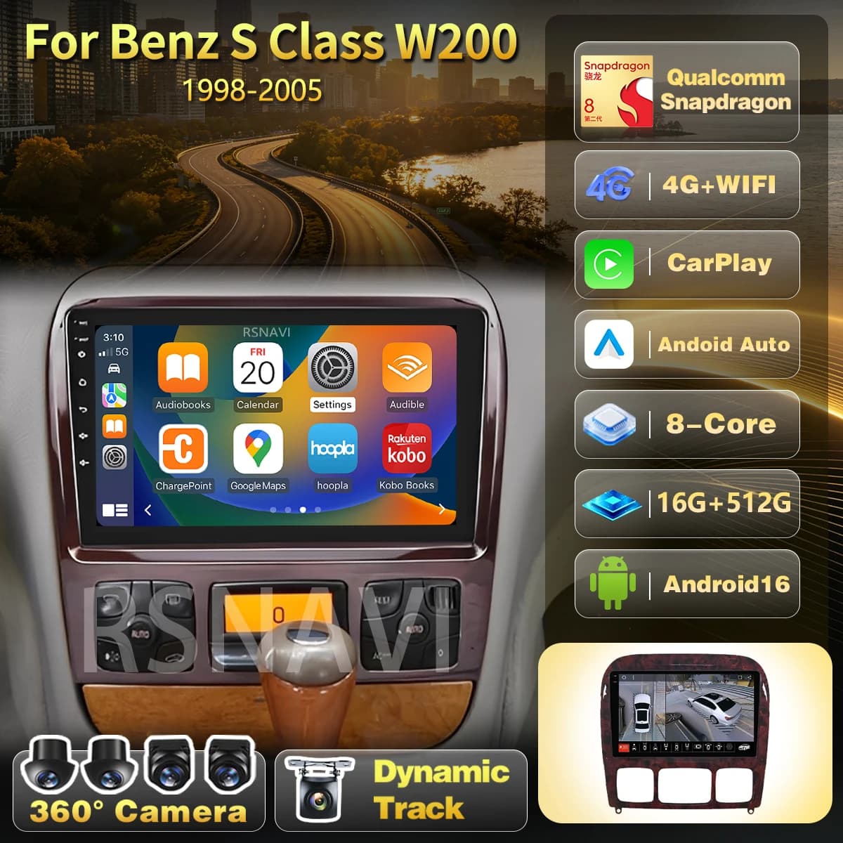 Android 16 Carplay Auto For Mercedes Benz S Class W200 1998-2005 Qualcomm 2K Car Radio Multimedia Player Stereo Plug and Play 4G