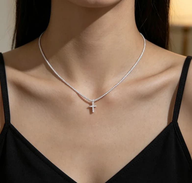 Silver Thin Snake Chain Micro Pave CZ Mini Cross Pendant Necklace for Women, Dainty Christian Faith Minimal Collarbone Jewelry, Baptism Easter Daily Stackable Delicate Necklace