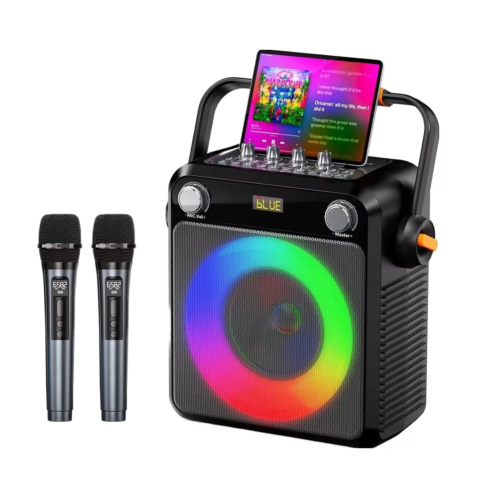 Portatile per macchina karaoke Bluetooth con 2 microfoni wireless Illuminazione a LED RGB Sistema PA Regolazione bassi/acoli per uso domestico