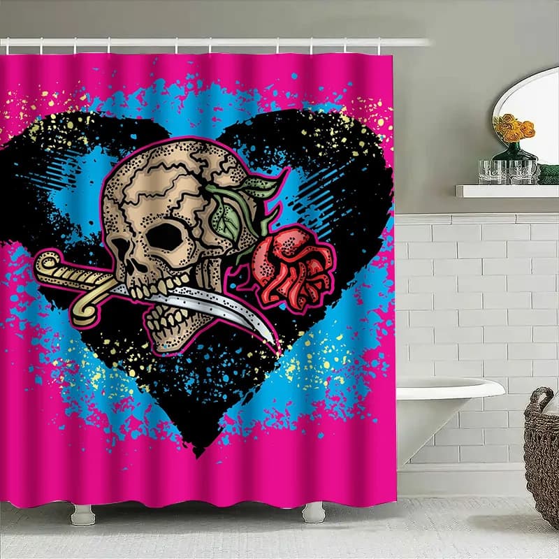 Tuniu Teschio Rosa Cuore Tenda da doccia Gotico Nero Rosa Arte tribale Decorazione da bagno impermeabile