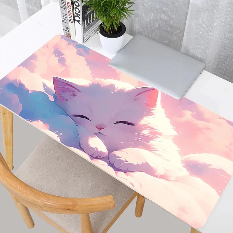 Tappetino per mouse Laptop Kawaii Anime Gatto bianco Tappetino per mouse PC da ufficio Cartoon Gamer Cabinet Tappeto per tastiera Nuvole rosa Tappetino da scrivania per ragazza regalo