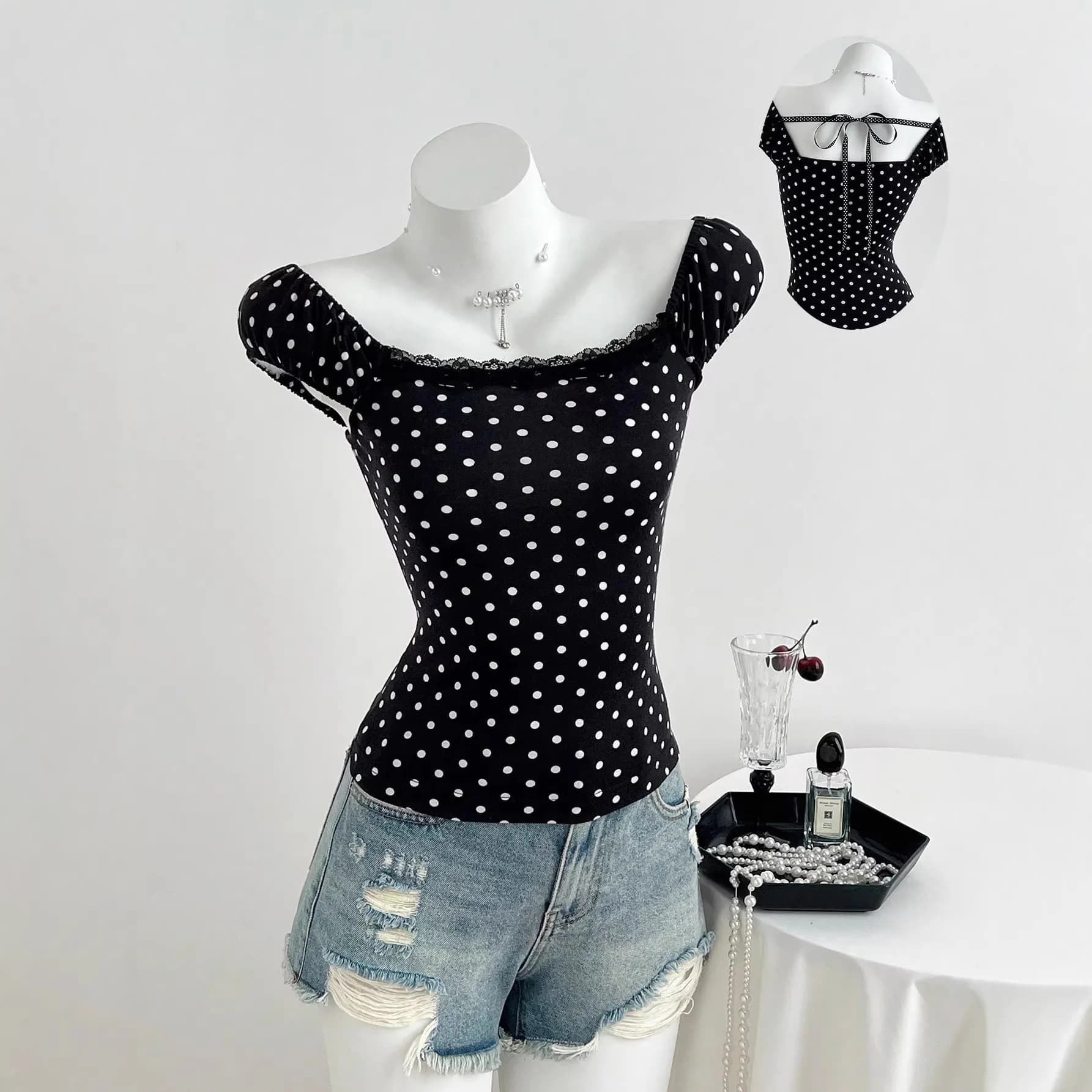 European and American New Polka Dot Lace Stitching Square Collar Shoulder Lace-up Shirt Women's Fashion Casual Top Women's SWEET