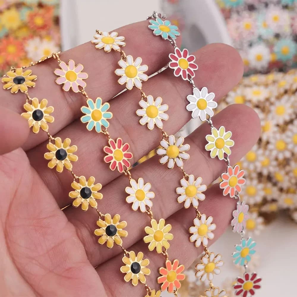 Catena in acciaio inossidabile color oro con smalto a forma di girasole, larghezza 10 mm, lunghezza 1 metro, per la creazione di gioielli fai da te, collane e orecchini, vendita all'ingrosso.