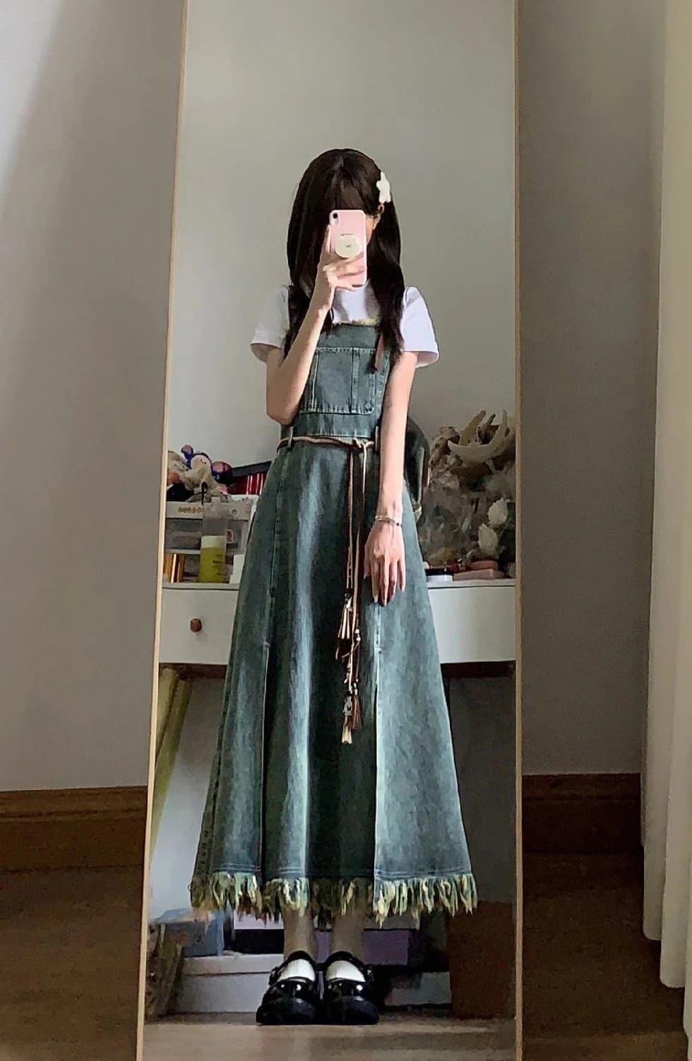 Retro Academic Style Mid-Length Denim Halter Dress Women Summer Loose Age-Defying Slimming with Side Slits A-Line Gown