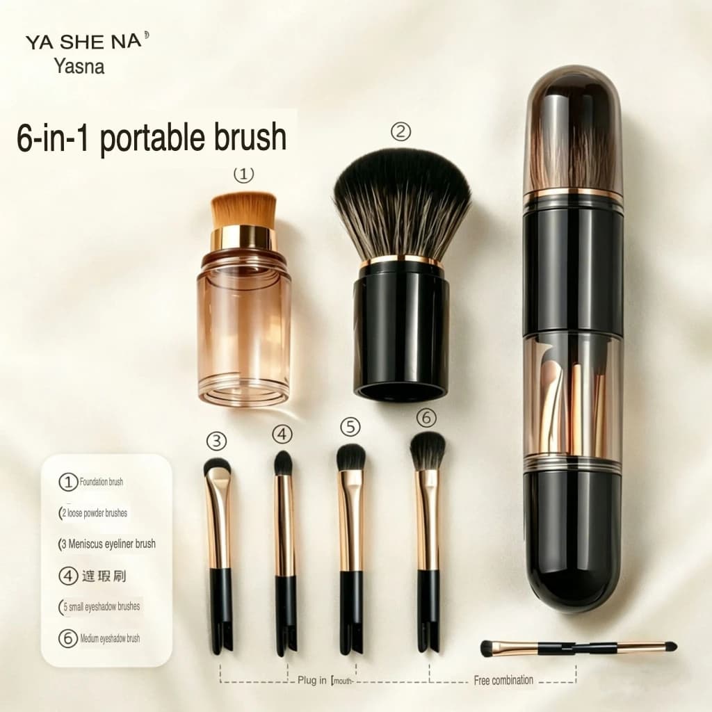 Set di mini pennelli per il trucco 6 in 1: mini pennello portatile per polvere libera a setole morbide, pennello per fondotinta e pennello per ombretto