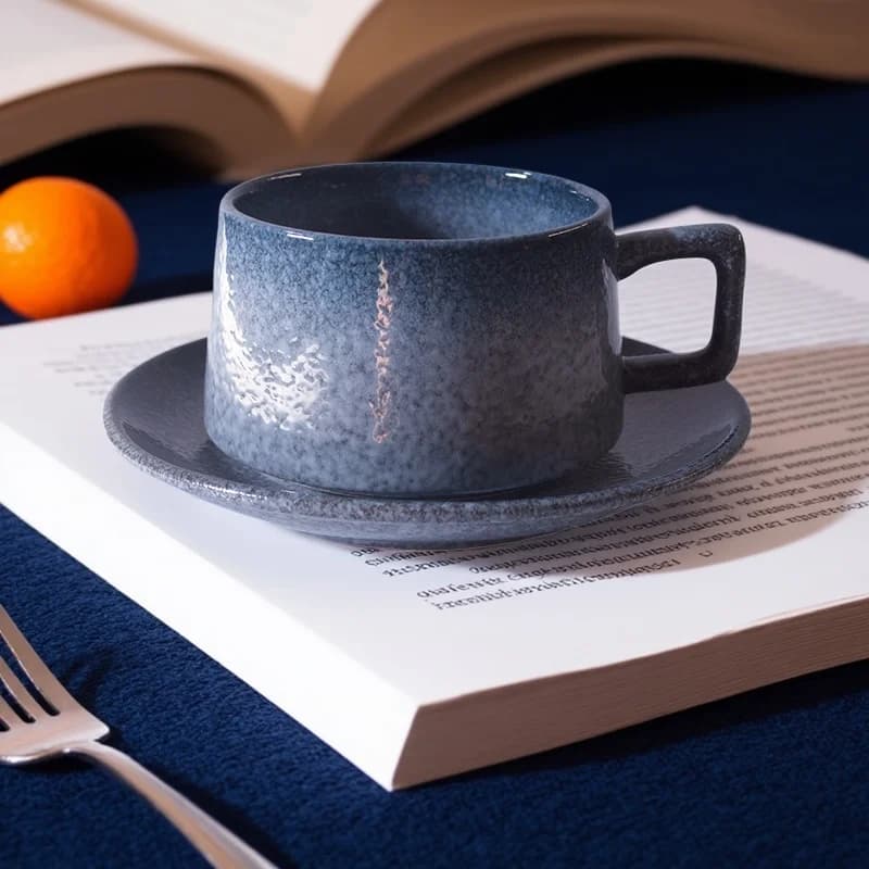 260ml Japanese Ceramic Coffee Cup with Dish Set Color Blocking Design Single Home Latte Milk Cup Plate Afternoon Tea Cup Sets