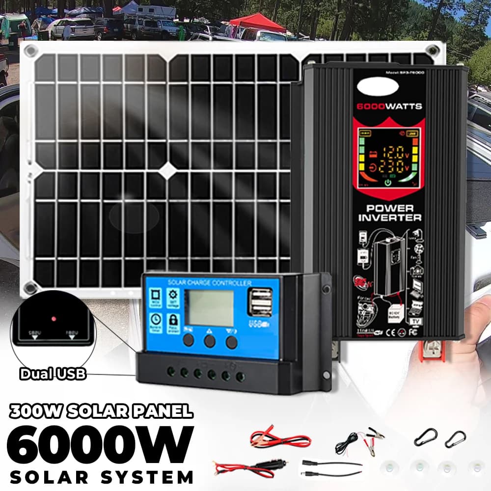 6000W Inverter from 12V to 220V/110V 30A Controller 300W solar panel Smart Charge Camping car RV Solar Series System Combination