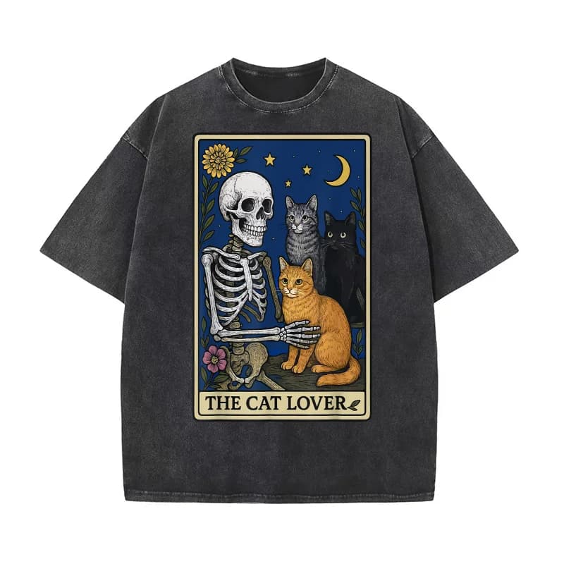 The Cat Lover Tarocchi Card T-shirt in puro cotone Abbigliamento grafico artistico oversize Stampato Scheletro Teschio Fiore T-shirt da uomo