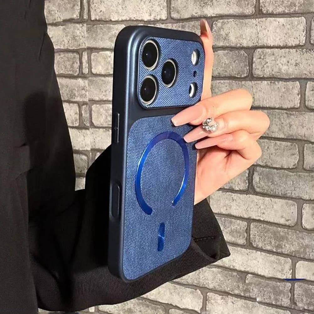 Custodia in denim con protezione per fotocamera a finestra grande per iPhone 17 16 15 14 13 12 Pro Max, compatibile con ricarica wireless magnetica MagSafe