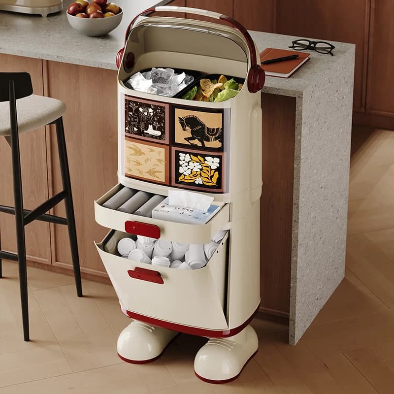 Mid Century Vertical Kitchen Trash Can Multi Layer Dry Wet Separation Mobile Flip Lid Large Capacity Food Waste Bin