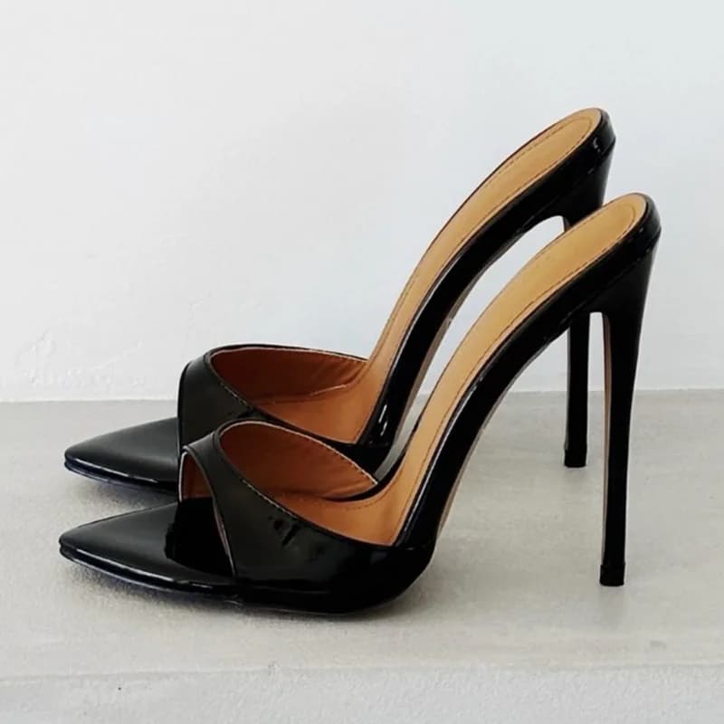 Sexy Pointed Toe High Heel Mules Shoes Black Patent Leather Slip On Female Evening Club Dress Shoes 12cm 10cm Plus Size Sandals