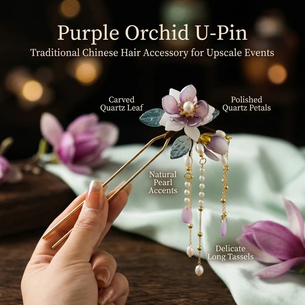 Fermaglio per capelli a forma di U in lega con decorazione a fiore di orchidea, lucidato a mano, per acconciature Hanfu, Qipao, matrimoni e festival, da donna