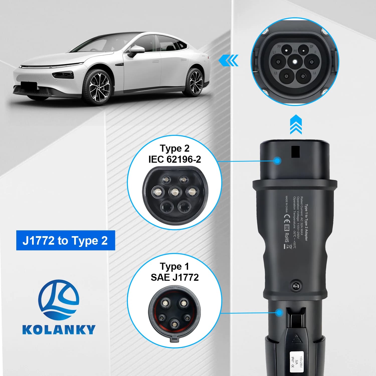 Kolanky 32A Tipo 1 a Tipo 2 Adattatore per caricabatterie EV per IEC 62169 Tipo 2 Presa maschio Standard UE Veicolo elettrico Auto ibridi