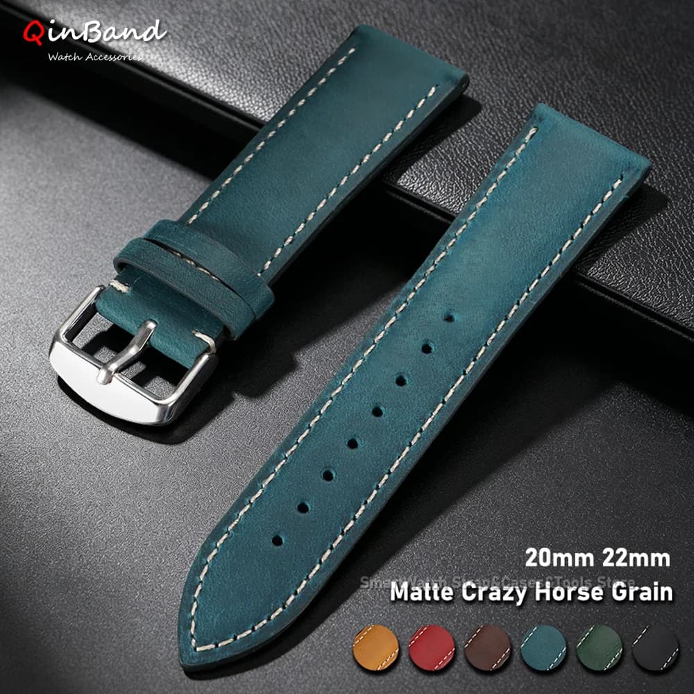 20mm 22mm Watchband Genuine Calfskin Watch Strap Matte Crazy Horse Leather Wristband Vintage Brown Strap Bracelet for Men Women