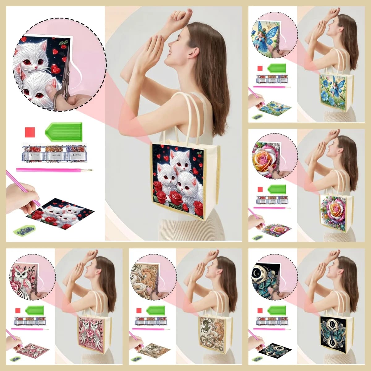 Borsa in tela con mosaico di diamanti fai da te, 1 pezzo, motivo animale. Borsa per la spesa con pittura diamantata non finita e strumenti inclusi.
