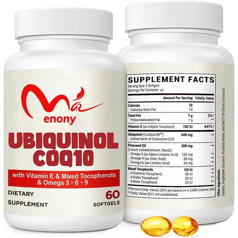 Integratore di coenzima Q10-600mg, contenente vitamina E e Omega, potente antiossidante per generare energia, 60 capsule