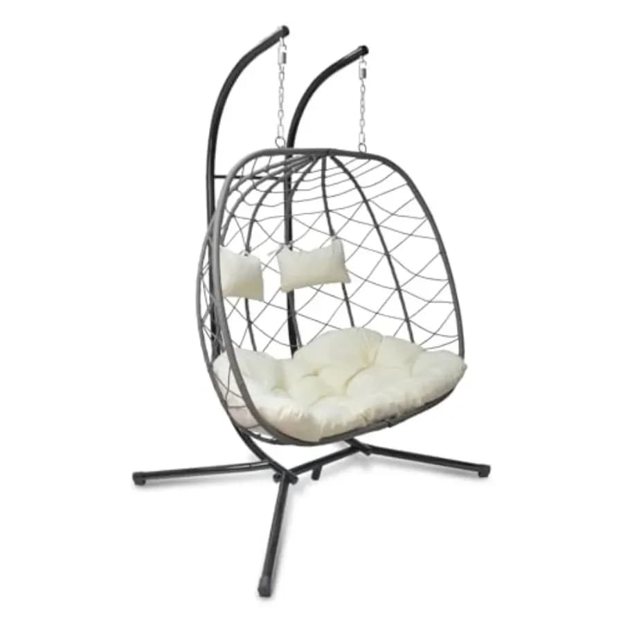 Sedia a dondolo a forma di uovo con supporto per esterni, patio, 2 persone, sedia sospesa in vimini con cuscino per interni, camera da letto, prato, giardino