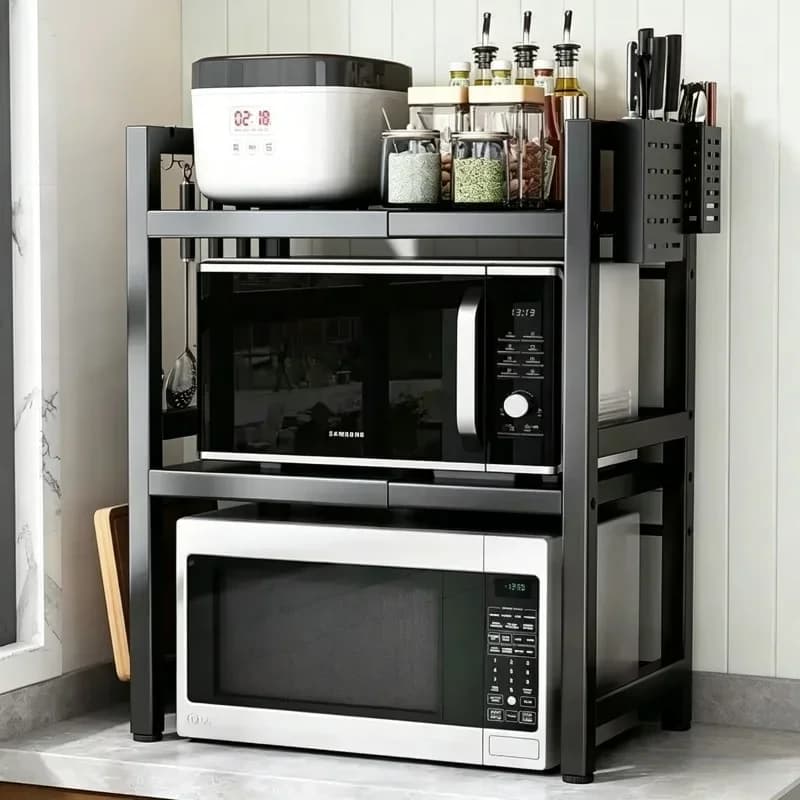 Scaffale a 2 livelli per microonde da cucina, portaoggetti per condimenti, mobiletto organizer per la casa