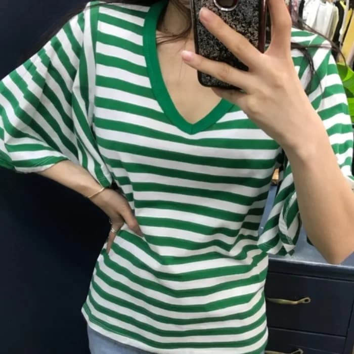 Fashionable Striped Loose V-Neck T-Shirt with Bell Sleeves for Women Summer New Arrival Casual Style Other Material 100%