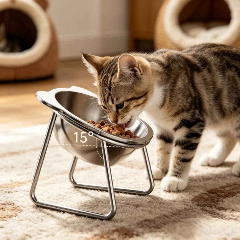 Cat Bowl 15° Tilted Elevated 304 Stainless Steel Anti-Vomiting Pet Food Water Bowl Spine Protection for Dogs Cats