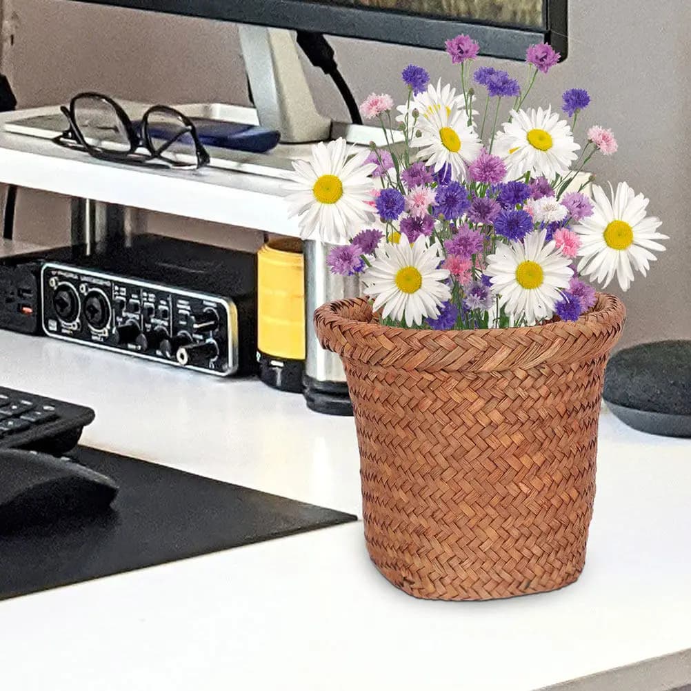 Natural Sea Grass Woven Trash Can Multi Purpose Household Waste Basket Rustic Style Floor Standing Storage Bin Decorative Room