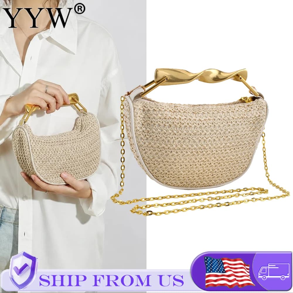 Causal Hobos Straw Woven Top-Handle Bags For Women Summer Holiday Beach Wrapped Handbags Ladies Handheld Crossbody Bags Totes Half Moon Bags