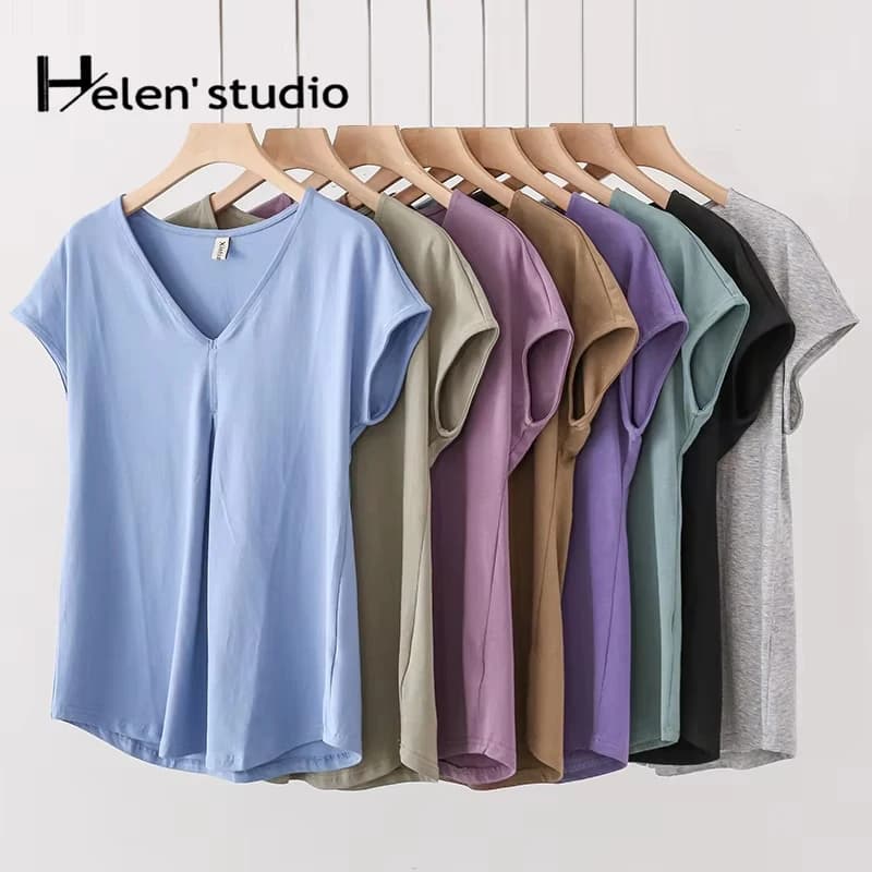 T-shirt da donna in cotone con scollo a V, ampie e casual, estive, gialle, taglie forti