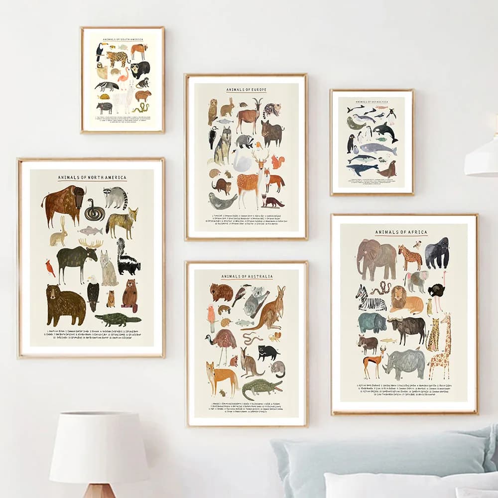 Animali africani cani gatti balena polare pinguino oceano poster educativi decorazione della stanza dei bambini Wall Art Canvas Painting Print Pictures
