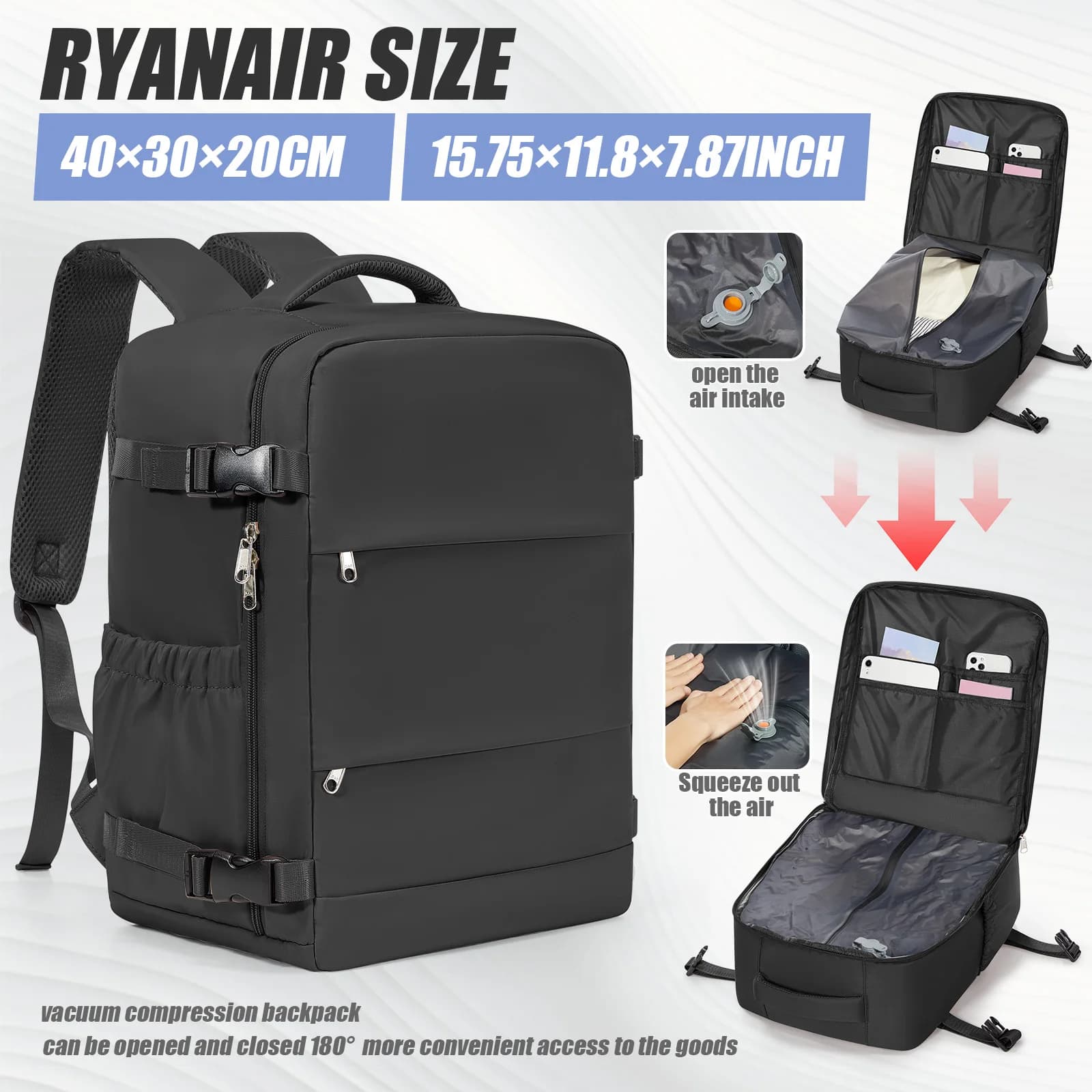 Zaino con Compressione Sottovuoto 40x30x20 per Ryanair, EasyJet, Wizzair, Borsa da Cabina per Laptop 15.6\", Zaino da Uomo, Borsa Portaoggetti