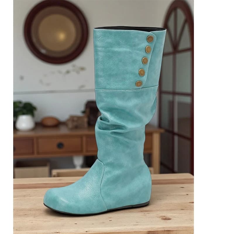 Stivali alti al ginocchio piatti slouchy con bottoni in metallo turchese Donna Inverno 2026 Stivali pieghevoli in due modi da indossare Stivali da cowboy occidentali