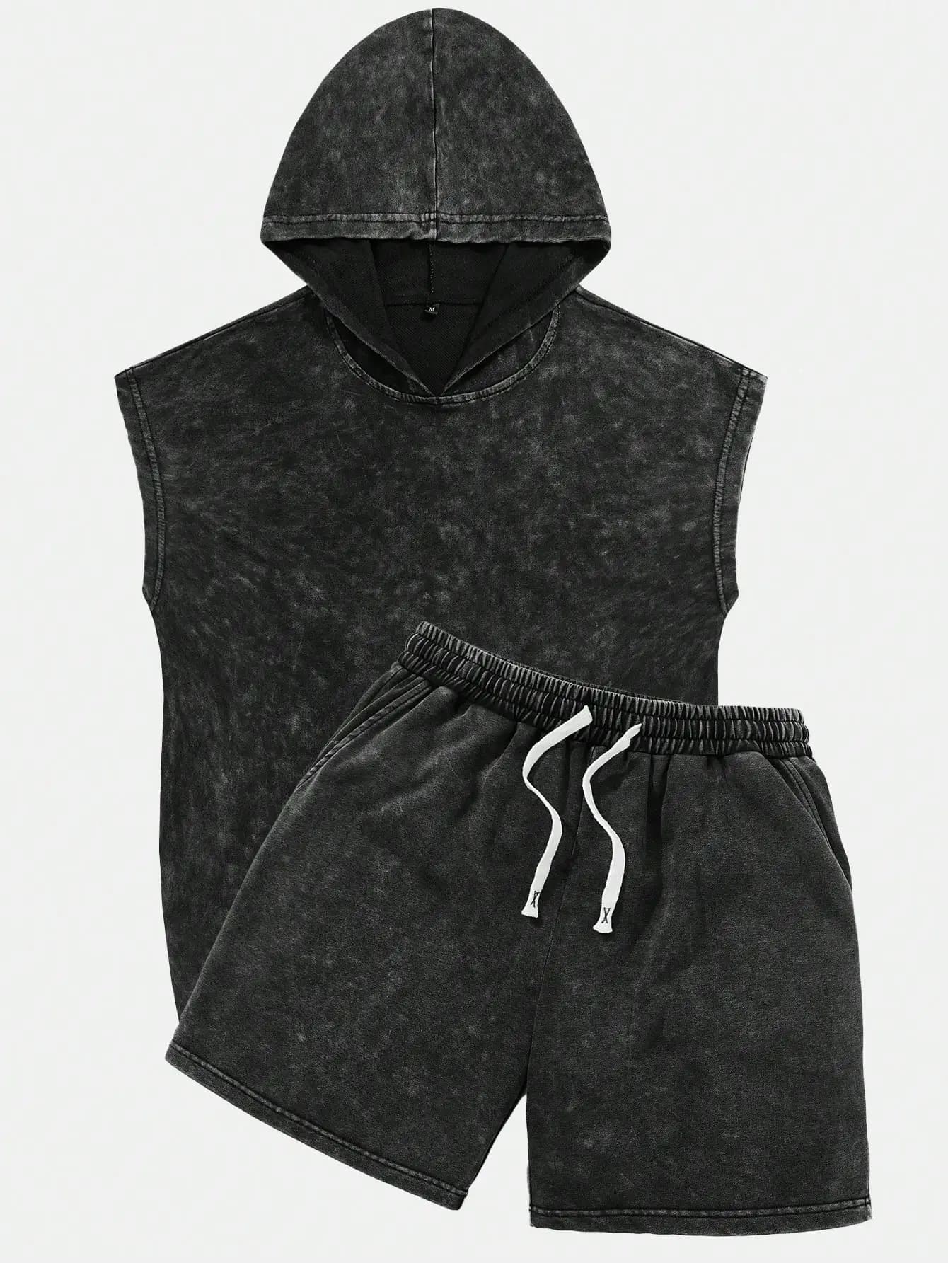Set da uomo 2 pezzi: gilet con cappuccio senza maniche nero lavato e pantaloncini