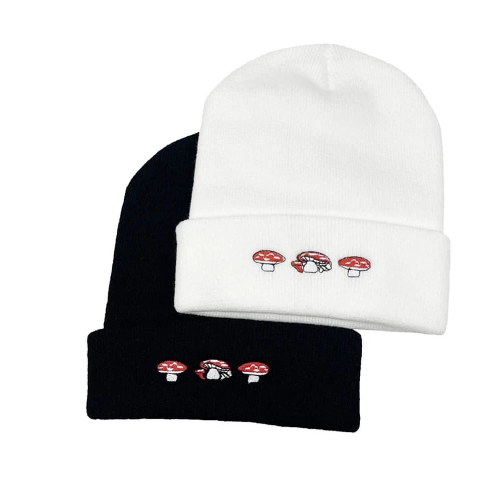 1pc autunno inverno fibra acrilica ricamo fiaba fungo berretto lavorato a maglia cappello con teschio per uomo donna berretto freddo all'aperto