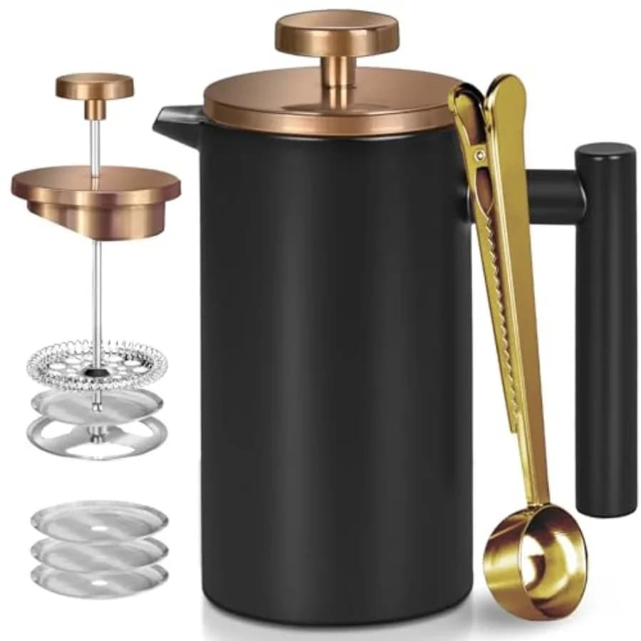 Black Large French Press Coffee Maker 50oz, Double Wall Insulated French Press Stainless Steel, for CoffeeTea, with 3 Extra Scr