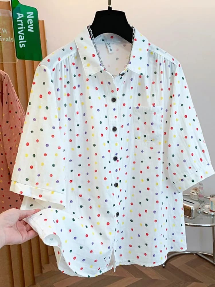 Camicia in cotone con stampa arcobaleno a pois da donna, estiva, taglie forti, casual, versatile, ampia, con colletto a risvolto, top dal design originale