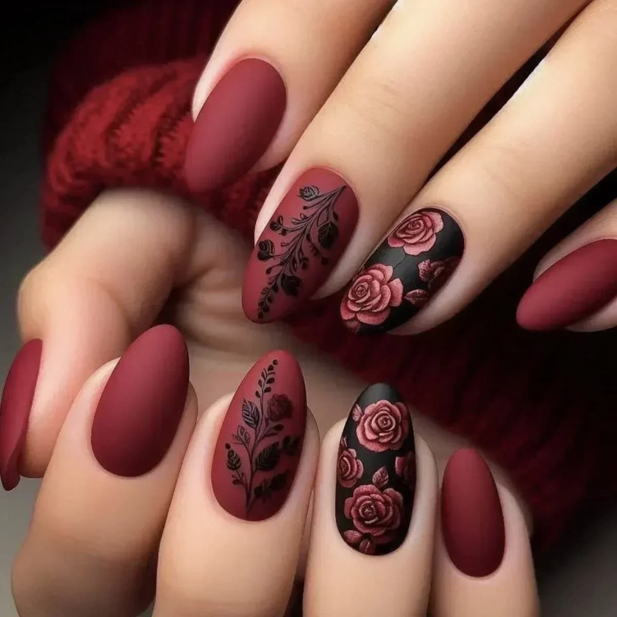 24 Pezzi Unghie Finte Opache a Mandorla Autunno Inverno con Colla, Stampa Foglia di Rosa, Nail Art Semplice, Copertura Completa, Unghie Acriliche Press-on
